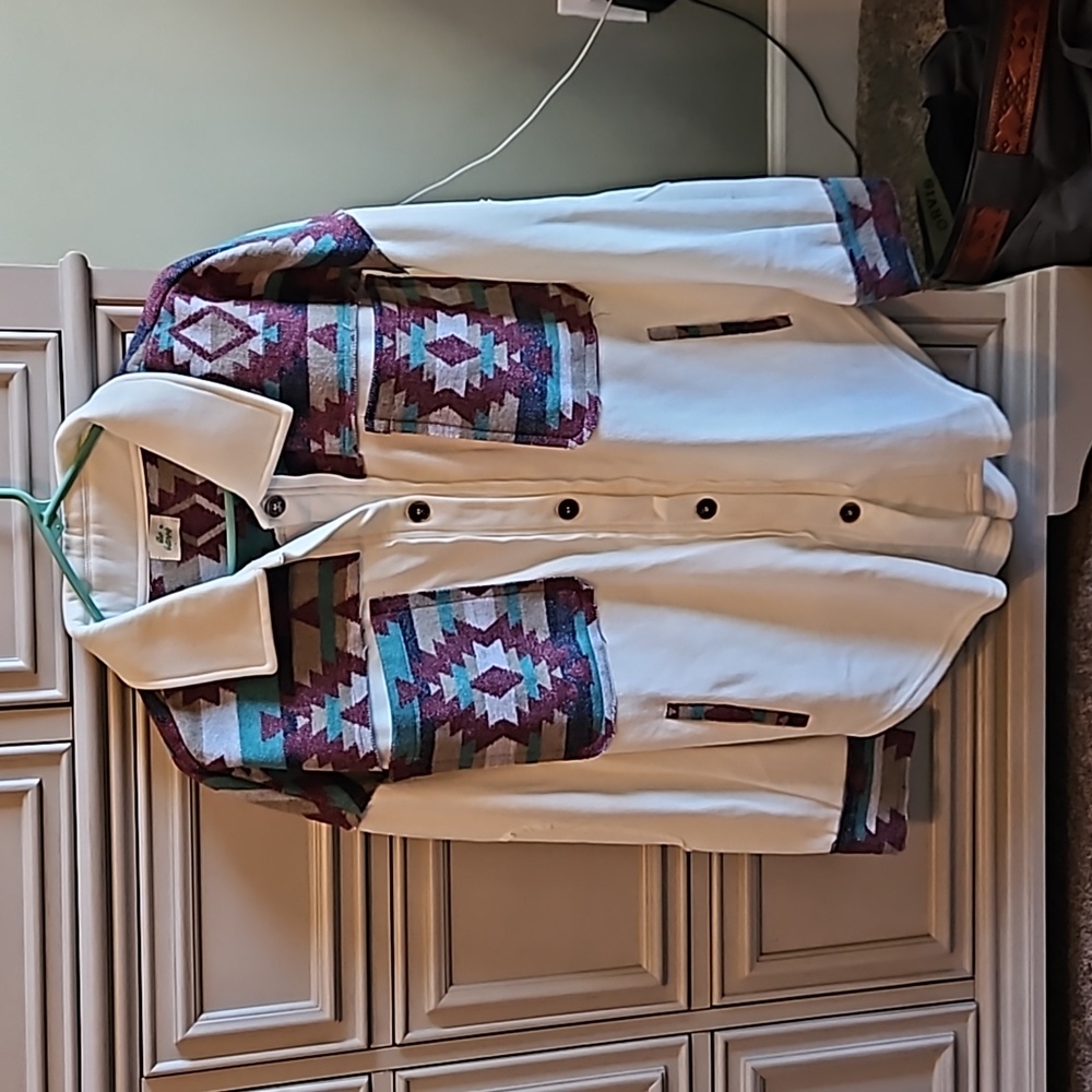 Blue Buttercup, size M(see description), cream color with Aztec design.